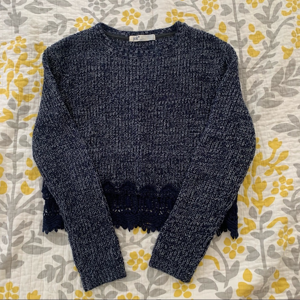 Jolt Cropped Blue Sweater with Lace Accents
